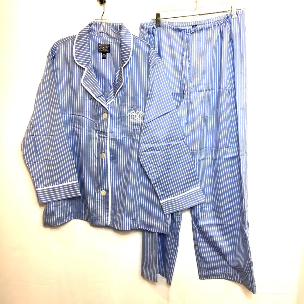 American Living Blue & White Striped Cotton Pajama Set with Contrast Piping - Picture 6 of 11